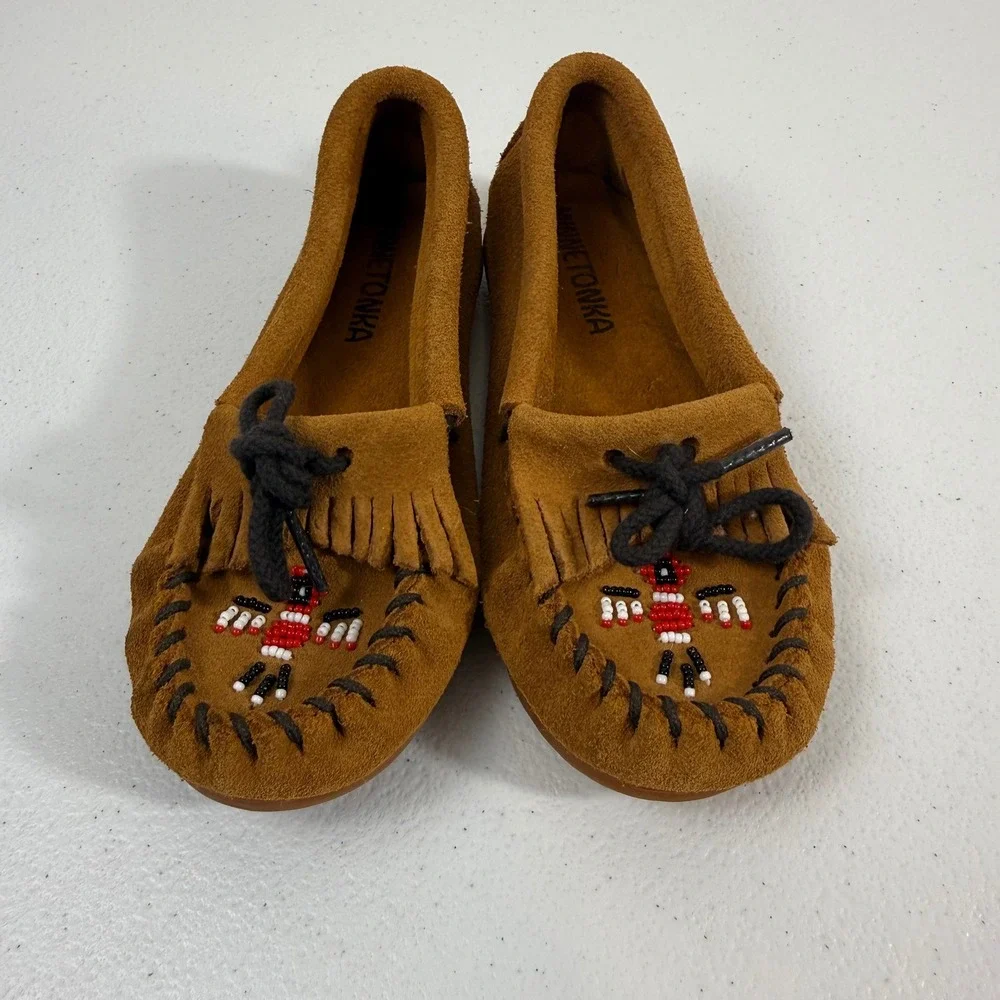 Minnetonka Kids Thunderbird Brown Suede Beaded Moccasin Shoes Size 12 2602